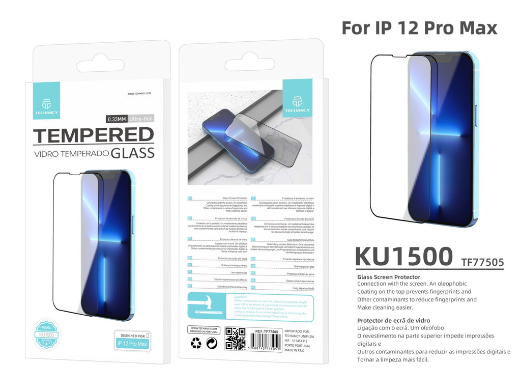 Protetor de ecrã premium para smartphone Techancy, KU1500, vidro temperado de 0,33 mm, compatível com iPhone 12 Pro Max