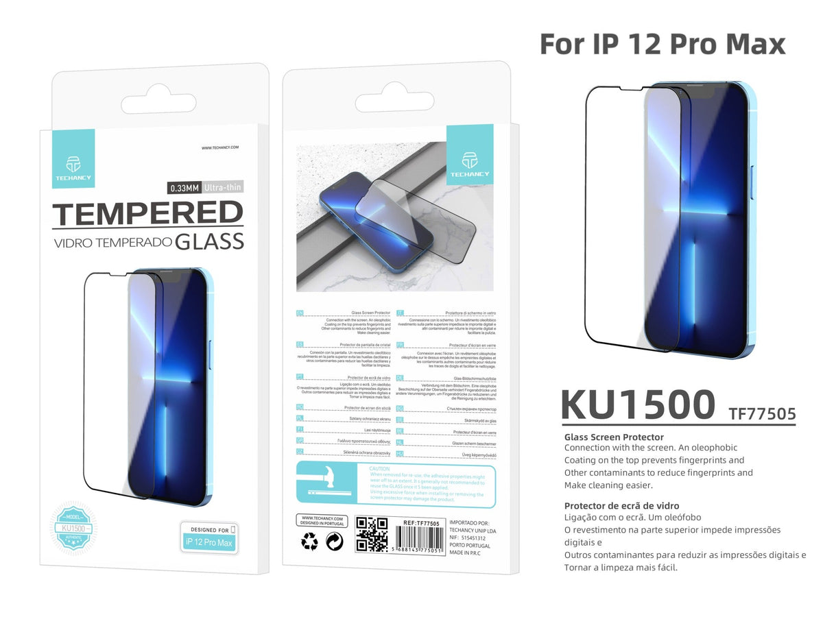 Protetor de ecrã premium para smartphone Techancy, KU1500, vidro temperado de 0,33 mm, compatível com iPhone 12 Pro Max
