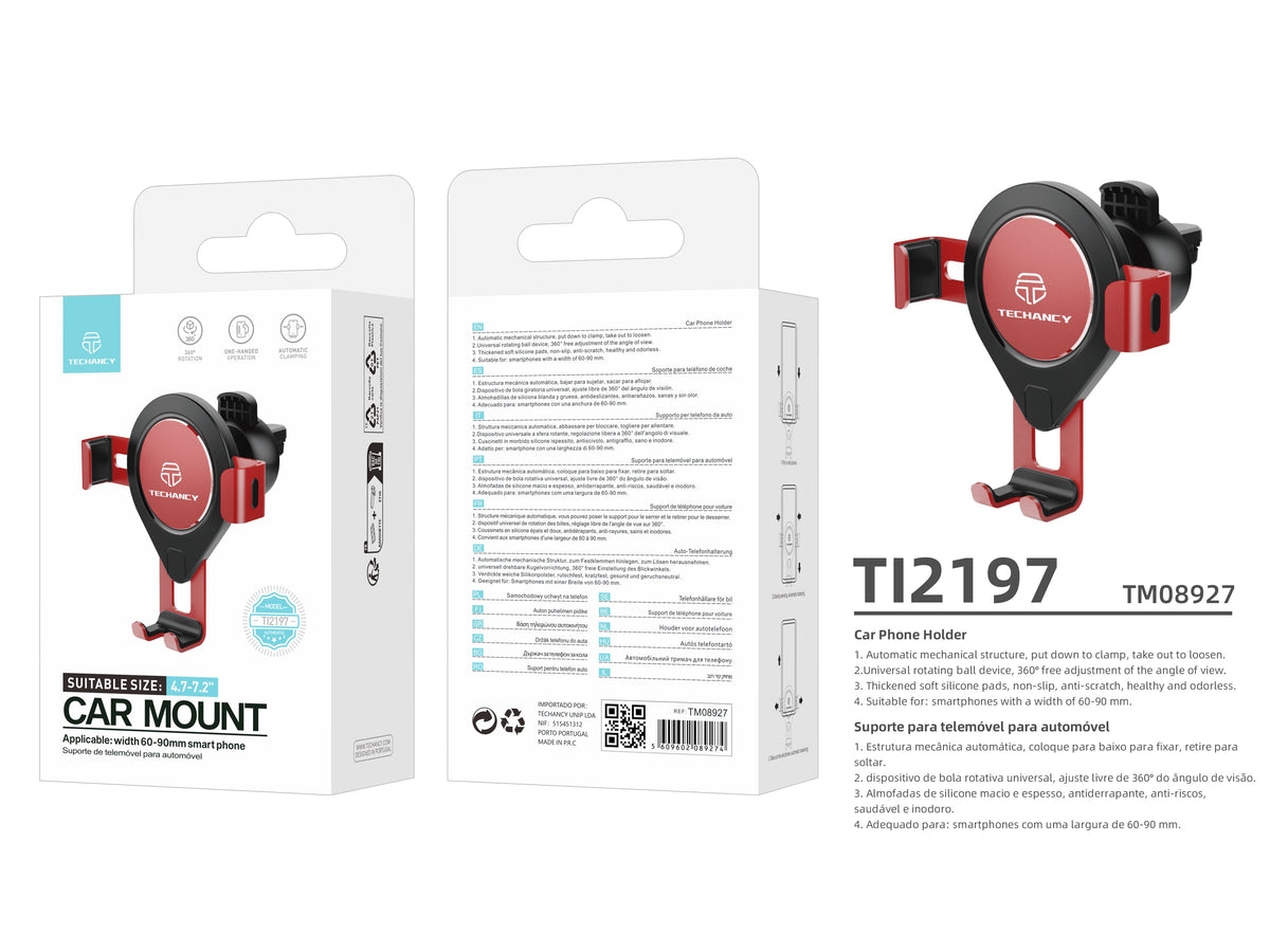 Suporte Vermelho Para Telemóvel No Automóvel Ti2197, Rotação De 360 Graus Para Telemóveis De 4,7-7,2 Polegadas