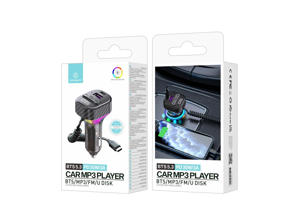 Techancy Leitor De Mp3 Para Automóvel TE0872, Carregamento Rápido Pd 30w, Bluetooth 5.3, Luzes Led Coloridas, Saída Usb-C Com Cabo