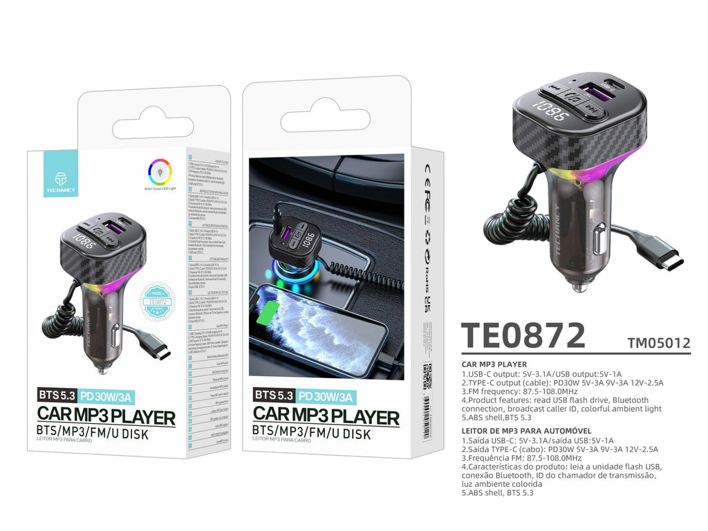 Techancy Leitor De Mp3 Para Automóvel TE0872, Carregamento Rápido Pd 30w, Bluetooth 5.3, Luzes Led Coloridas, Saída Usb-C Com Cabo