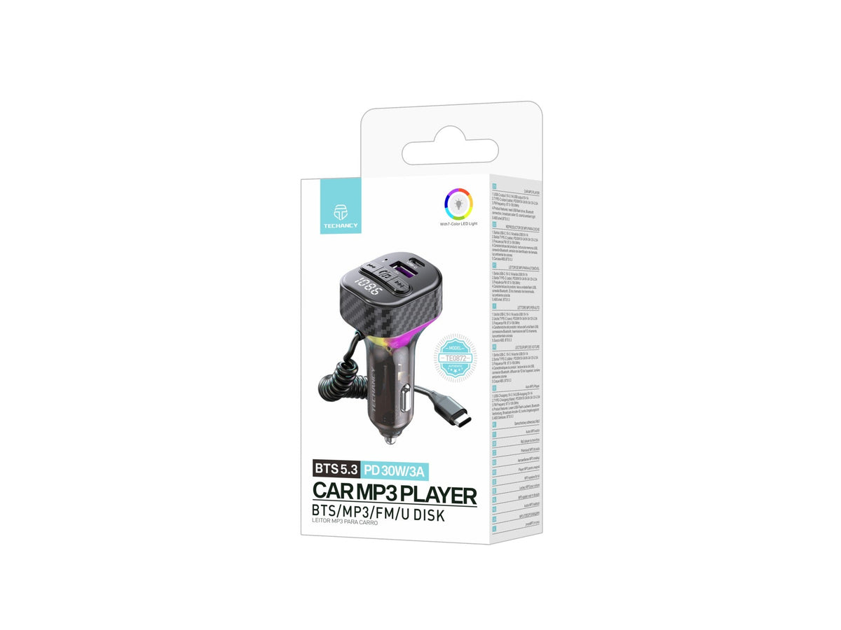 Techancy Leitor De Mp3 Para Automóvel TE0872, Carregamento Rápido Pd 30w, Bluetooth 5.3, Luzes Led Coloridas, Saída Usb-C Com Cabo