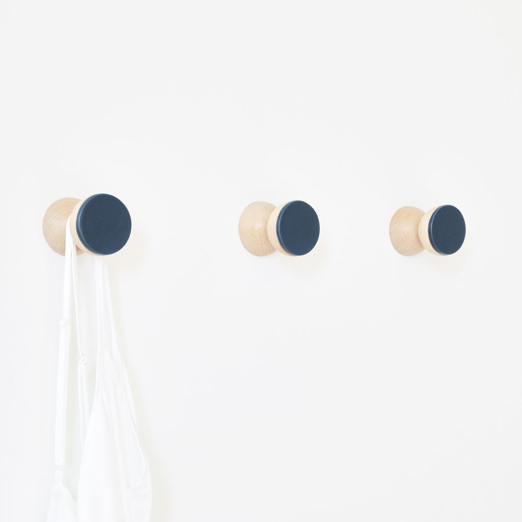 Geometric Beech Wood & Ceramic Wall Mounted Coat Hook / Knob - Dark Blue
